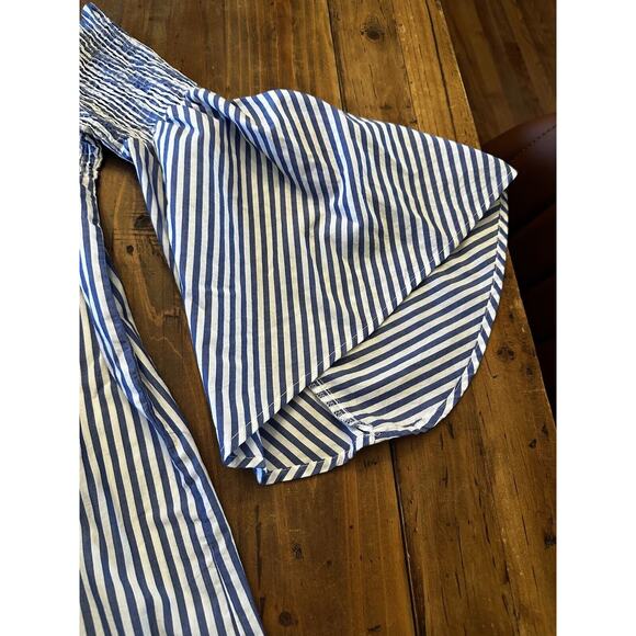 Zara Off the Shoulder Blue White Stripe Smocked Top Bell Sleeve Size Small - Picture 3 of 6